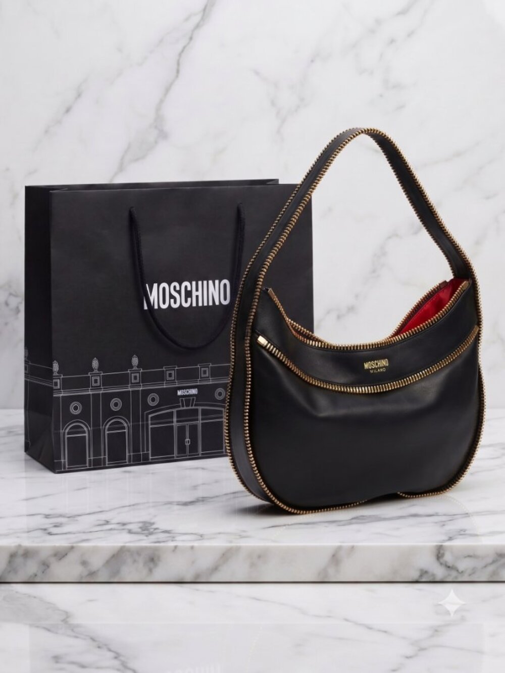 NWT Moschino Rider Black Learher Hobo Shoulder Bag Authentic Italy